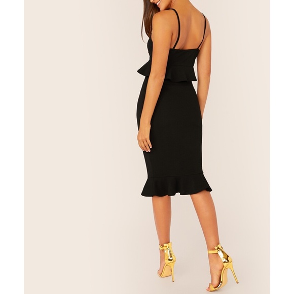 Black Ruffle Peplum Cami Bodycon Midi Dress - Picture 2 of 6